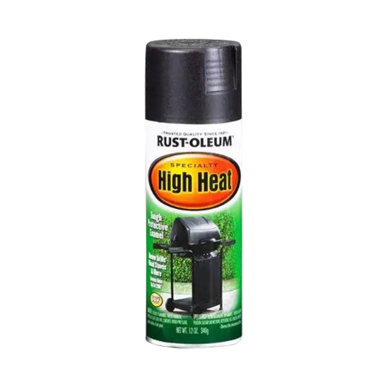 A 12 oz. can of Go Build, The Fastest Way To Build High Heat Satin Bar-B-Que Spray Paint - Black, with grill imagery and green label, ideal for protecting surfaces from high temperatures.